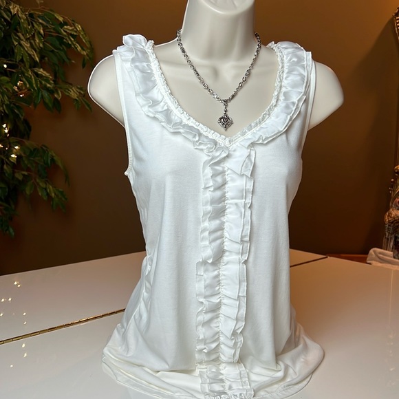 WHITE HOUSE BLACK MARKET WHITE V NECK TOP WITH RUFFLES AROUND NECK & FRONT SMALL - Picture 2 of 16